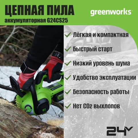 Цепная пила аккумуляторная Greenworks G24CS25, 24V, 25см, c 1хАКБ 8Ач и ЗУ (2007707UH)