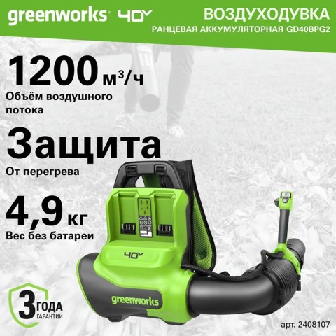 Ранцевая воздуходувка аккумуляторная Greenworks GD40BPG2, 40V, бесщеточная, с 1хАКБ 4 Ач и ЗУ (2408107UB)