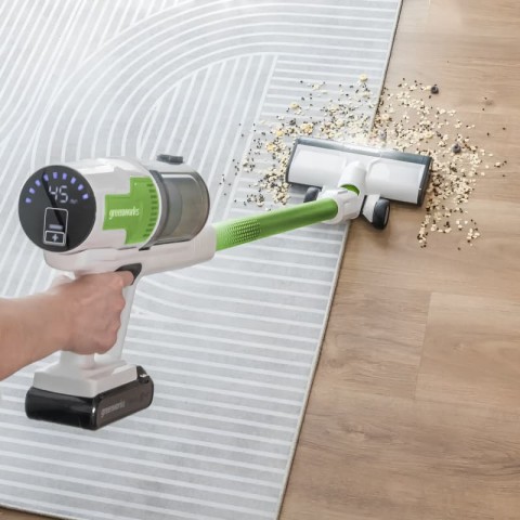 Пылесос вертикальный акк. Greenworks SV24532, 24V, б/щет, 350 Вт, 21 кПа, электрощетка, 3 насадки, LED, белый+зеленый, 1х2Ач и ЗУ (4702007UA)