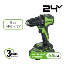 Дрель-шуруповерт акк. Greenworks DD345, 24V, б/щет, 0-450/0-1850 об/мин, 27/45 Нм, 2-13мм, LED, без АКБ и ЗУ (3708307)