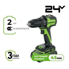 Дрель-шуруповерт акк. Greenworks DD345, 24V, б/щет, 27/45 Нм, 13мм, 1х2Ач, ЗУ, кор (3708307CUA)