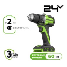 Дрель-шуруповерт акк. Greenworks DD560, 24V, б/щет, 30/60 Нм, 13мм, Anti-kickback, 2х2Ач, ЗУ, кор (3708407CUC)