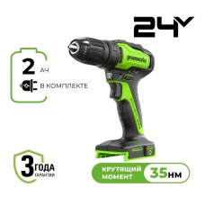 Дрель-шуруповерт акк. Greenworks GD24DD35, 24V, б/щет, 29/35Нм, 1x2Ач, ЗУ, кор (3704007CUA)