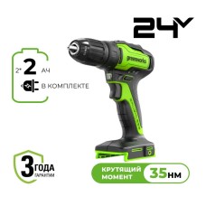 Дрель-шуруповерт акк. Greenworks GD24DD35, 24V, б/щет, 29/35Нм, 2x2Ач, ЗУ, кор (3704007CUC)