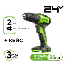 Дрель-шуруповерт аккумуляторная Greenworks Арт. 3704007UA, 24V, c 1хАКБ 2 Ач и ЗУ в кейсе