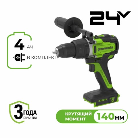 Дрель-шуруповерт ударная акк. Greenworks GD24DD140, 24V, б/щет, 70/140Нм, Anti-kickback, 1x4Ач, ЗУ, кор (3707607CUB)