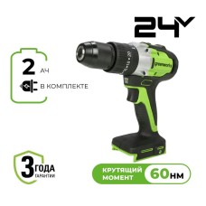 Дрель-шуруповерт ударная акк. Greenworks GD24DD60, 24V, б/щет, 30/60Нм, 1х2Ач, ЗУ, кор (3704107CUA)