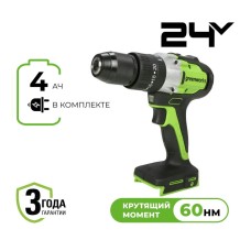 Дрель-шуруповерт ударная акк. Greenworks GD24DD60, 24V, б/щет, 30/60Нм, 1х4Ач, ЗУ, кор (3704107CUB)