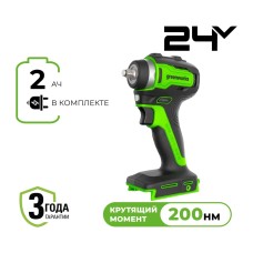 Гайковерт ударный акк. Greenworks G24IW200, 24V, б/щет, 3/8'', 200Нм, 1х2Ач, ЗУ,  кор (3803607CUA)