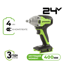 Гайковерт ударный акк. Greenworks GD24IW400, 24V,б/щет, 1/2'', 400Нм, 1х4Ач, ЗУ, кор (3802907CUB)
