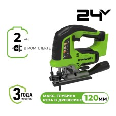 Лобзик акк. Greenworks GD24JS120, 24V, б/щет, 120 мм, 0-3500/мин, 1х2Ач, ЗУ, кор (3601407CUA)