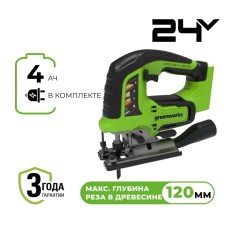 Лобзик акк. Greenworks GD24JS120, 24V, б/щет, 120 мм, 0-3500/мин, 1х4Ач, ЗУ, кор (3601407CUB)