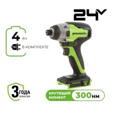 Винтоверт ударный акк. Greenworks GD24ID3, 24V, б/щет, 0-2800 об/мин, 4000 уд/мин, HEX 1/4, 300Нм, 3 режима,1x4Ач, ЗУ, кор (3802807CUB)