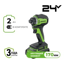Винтоверт ударный акк. Greenworks ID3170, 24V, б/щет, 0-3200 об/мин, 4000 уд/мин, HEX 1/4, 170Нм, 1х2Ач, ЗУ, кор (3804907CUA)
