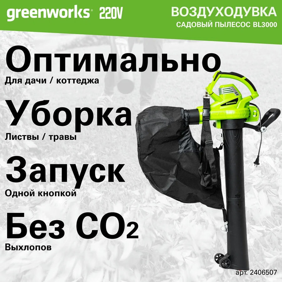 Воздуходувка-пылесос садовый электрический Greenworks Арт. 2406507, 220 В, 3000 Вт