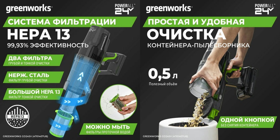 Пылесос беспроводной вертикальный аккумуляторный Greenworks Арт. 4700607UB, 24V, с 1хАКБ 4 Ач и ЗУ